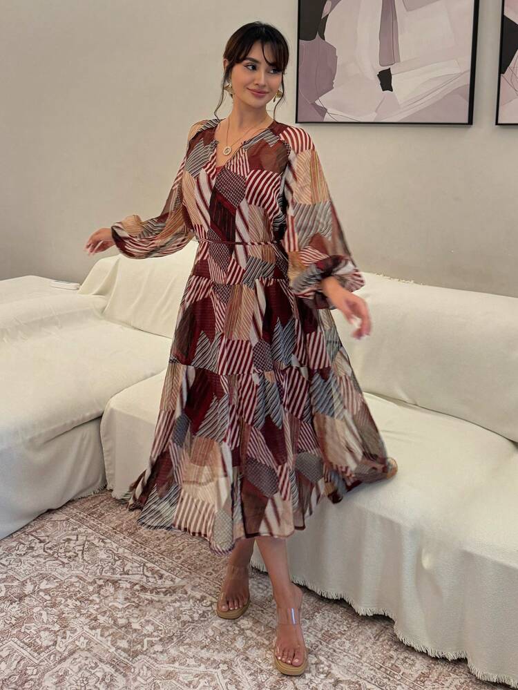 French Style V-Neck Chiffon Long Dress For Women,Fall Dress Long Sleeve Dress Boho