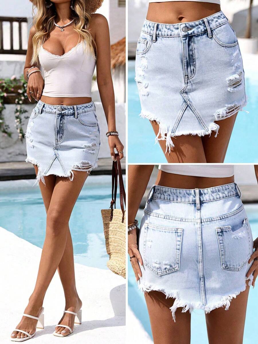 SHEIN Holidaya Women's Button Front Pocket Distressed Hem Denim Mini Skirt - Light Wash - View 1