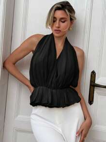 Aloruh New Sexy Backless Pleated Lace-Up Tie V-Neck Tank Top - Black - View 6