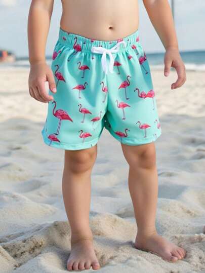SHEIN Young Boy Cute Flamingo Print Beach Shorts,Drawstring Elastic Waist Swimming Trunks,Suitable For Summer Beach Vacation Swimming,Beach Outfits For Toddlers