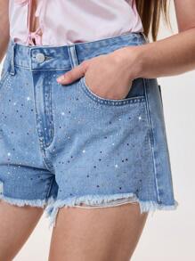 SHEIN Frenchy Shorts de mezclilla desgastados y rasgados de verano informales para mujer - Azul - Ver 8