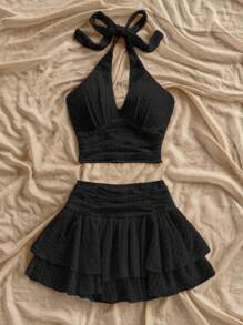 Soleia 女士度假纹理米色挂脖系带 V 领紧身衣和荷叶边迷你裙套装 - 黑色 - 查看 4