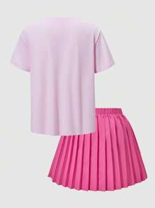 SHEIN ChillGRL 2pcs/Set Tween Girl Printed Top And Pleated Mini Skirt Set - Hot Pink - View 5