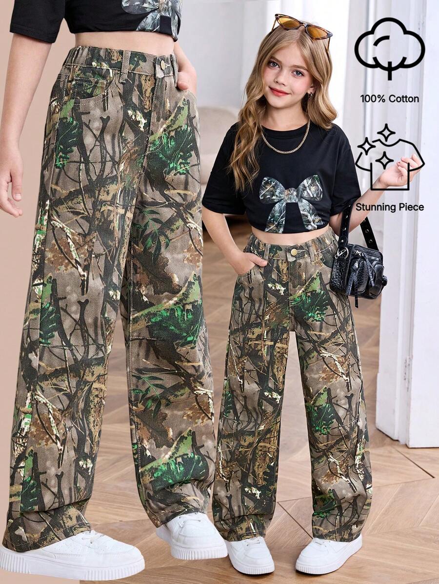 SHEIN Tween Girl Y2K Style Leopard Print Straight Jeans - Multicolor - View 1