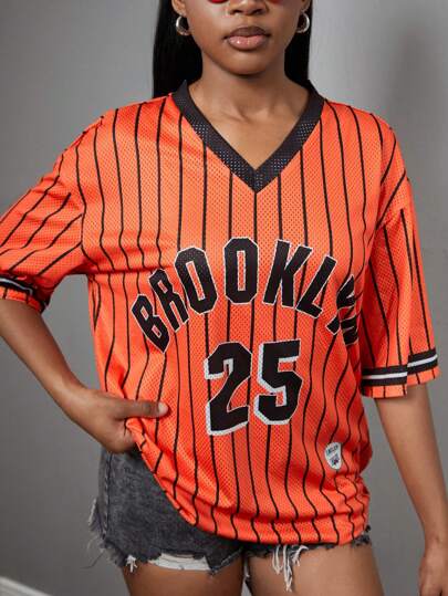 SHEIN TEENGIRL Casual Orange T-Shirt With Letter & Numeric Print, Suitable For Summer, Sports Games, Orange Stripe & Brooklyn Print
