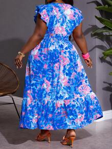 SHEIN CURVE+ Robe pour femmes grande taille avec imprimé tie dye, manches papillon froncées à la taille, pour vacances d'été, campagne, tenues de plage