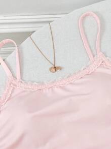 SHEIN 4 件套少女甜美简约花卉图案粉色纯色褶饰蕾丝花边吊带背心和短裤针织合身睡衣套装 - 彩色 - 查看 5