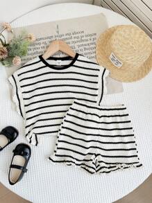 LMoss Kids 2pcs/Set Girls Striped Knit Crew Neck T-Shirt And Shorts Set