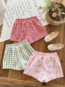 LMoss Kids Conjunto de 1 + 3 para niña, compuesto por pantalones cortos integrados con parche, lazo y estampado de letras, adecuado para el hogar, salidas, deportes y compras