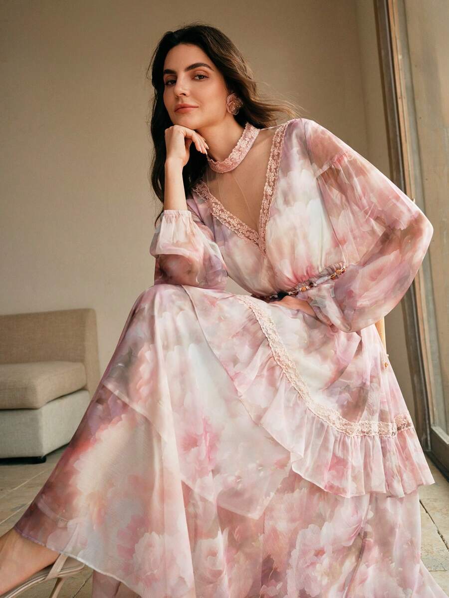 Anewsta European & American New Floral Print Elegant & Classy Resort Vacation Long Dress For Women, Suitable For Spring, Summer, Festivals, Holidays, Casual, Formal, Weddings, Graduation, Birthdays