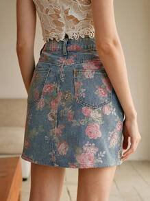 Anewsta Fashionable Printed Denim Mini Skirt For Women - Blue - View 2