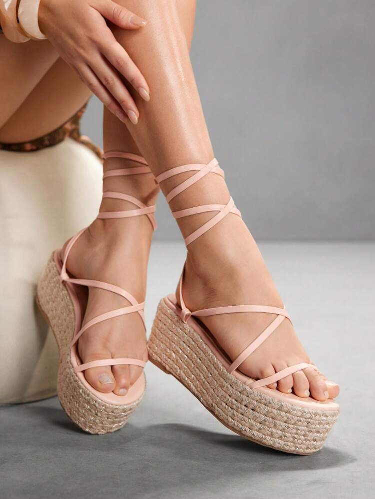 CUCCOO SZL Women's Thick Bottom Rope Fashion Vacation Peep Toe Lace-Up Sandals