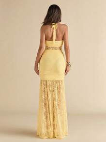 SHEIN BAE 黄色蕾丝纹理露背褶饰紧身半透明优雅女士连衣裙，蕾丝连衣裙，沙滩裙，春夏 - 黃色 - 查看 2