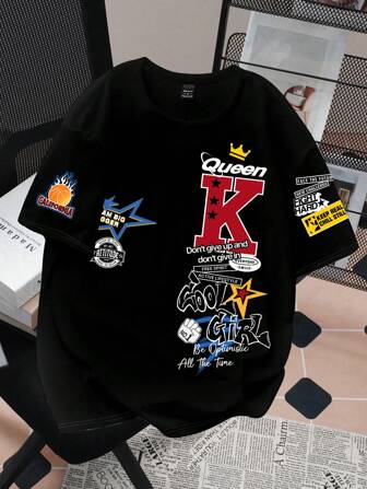 SHEIN EZwear 休闲简约篮球服，字母 K 印花图案短袖宽松 T 恤，适合女士夏季