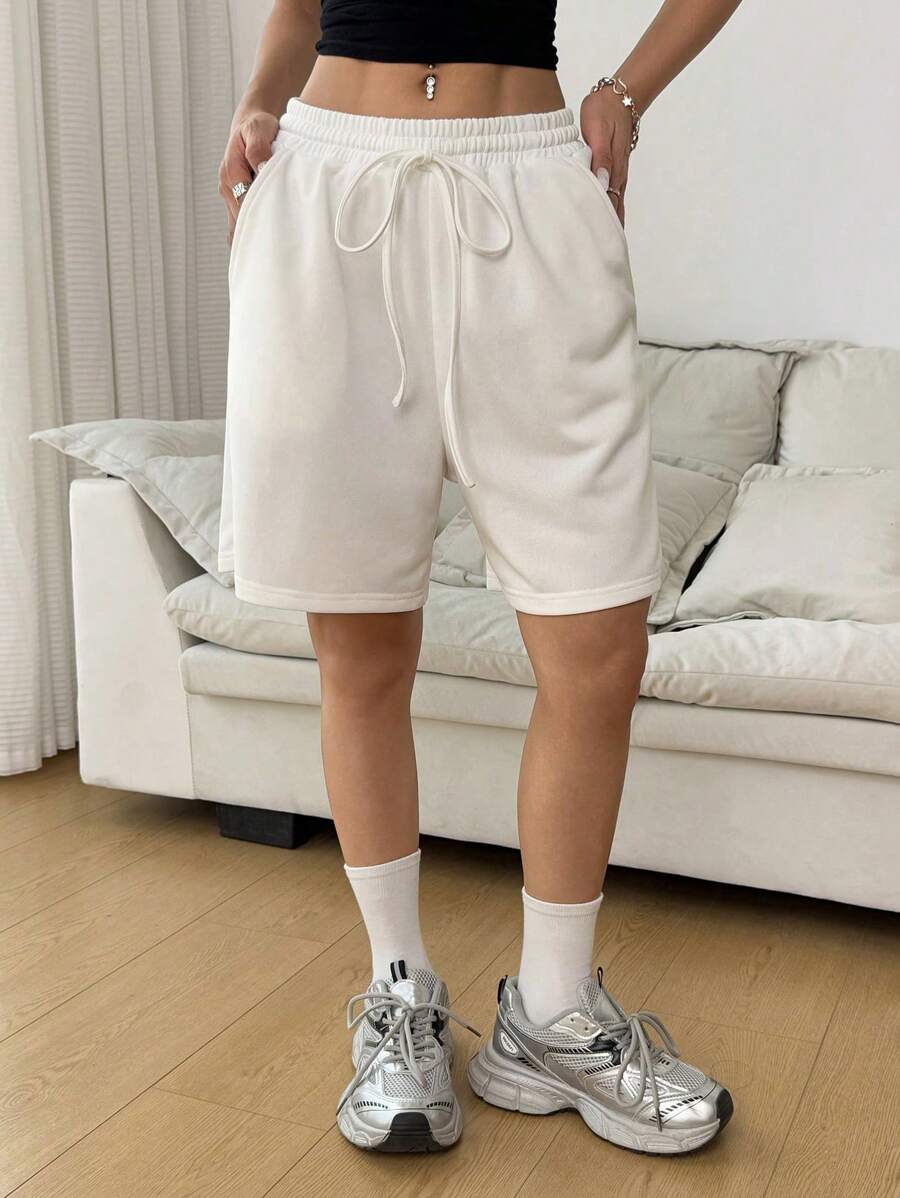 SHEIN EZwear Women Plain Color Tie Waist Pockets Casual Shorts - White - View 1