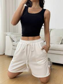 SHEIN EZwear Women Plain Color Tie Waist Pockets Casual Shorts - White - View 5