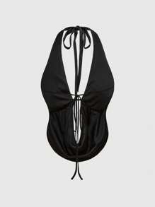 ROMWE 女士重工串珠刺绣露背垂领度假性感上衣