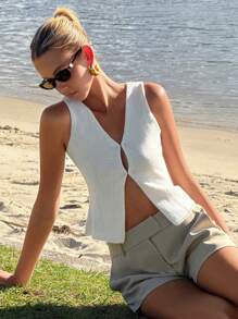DAZY Vintage-Style Solid Color Women Knit Vest Sweater, Summer New Arrival - Beige - View 1