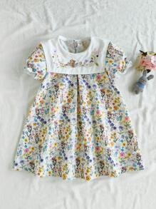 Vintaside Kids Young Girl Fashion Cute Embroidered Rabbit Summer Dress - Apricot - View 3