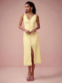 Enchnt 女士纯色吊带裙，夏季时尚 - 黃色 - 查看 5