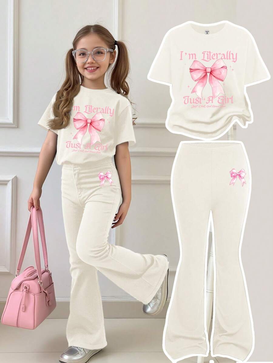 SHEIN Leap Crew 2pcs/Set Young Girl Casual Minimalist Round Neck Short Sleeve Top & Pants Set, Suitable For Summer - Apricot - View 1