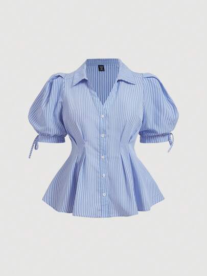 SHEIN MOD 春夏新款女士加大码优雅条纹短袖衬衫，修身腰带泡泡袖衬衫，适合职场和休闲穿着