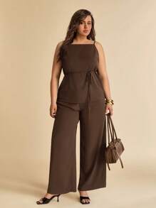 SHEIN X Scheana SHEIN BAE Plus Size Women Summer Brown Elegant 2 Pieces Set, Wrap Blazer Top & Wide Leg Pants, Office Wear, Concert, Party, Formal Suit, 4th Of July Outfits - Brown - View 1