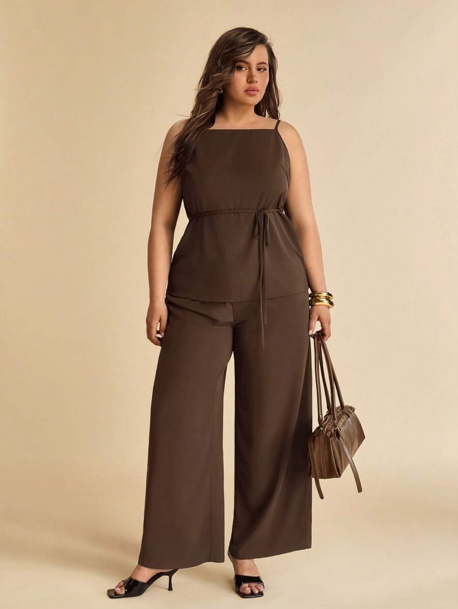 SHEIN X Scheana SHEIN BAE Plus Size Women Summer Brown Elegant 2 Pieces Set, Wrap Blazer Top & Wide Leg Pants, Office Wear, Concert, Party, Formal Suit, 4th Of July Outfits - Brown - View 1