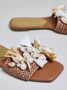 SHUZIA Nuevas sandalias de vacaciones de color tostado con decoración de conchas marinas y punta cuadrada, estilo glamoroso para el verano de las chicas - Granate - Ver 4