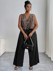 SHEIN PETITE CURVE Plus Size Casual & Commute Solid Color Ruched Wide Leg Pants - Black - View 4
