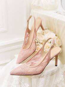 CUCCOO HITCHD Women Elegant Lace Embroidery Pointed Toe Shallow Pink Mesh Formal Shoes, High Heels Bridal Wedding Guest Party Pumps, Romantic Bridesmaid Shoes - Pink - View 4