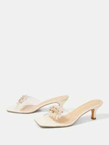 CUCCOO HITCHD Women's Flash Rhinestone Pearl Beaded Square Toe Low Kitten Heels Elegant Romantic White Transparent PVC Dress Shoes, Bridal Wedding High Heels Sandals, Chic For Formal Events, Parties And Weddings - Beige - View 11