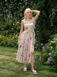 SHEIN MOD 垂領花卉3D裝飾浪漫花卉夏季度假洋裝，波希米亞風服飾 - 彩色 - 查看 4
