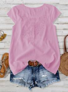 Linhara Plus Size Women Floral Embroidered Round Neck Cap Sleeve Casual Blouse, For Vacation - Pink - View 2