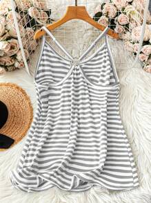 SHEIN LUNE Plus Size Women Adjustable Straps Striped Knitted Slim Fit Casual Vacation Sleeveless Camisole With Snap Button Back Design - Multicolor - View 2