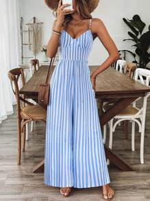 Breezaya Women's Casual Sleeveless Backless Loose Floral Jumpsuit, Spring/Summer - Blue and White - View 4