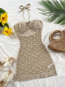 Soleia 全新设计沙滩装贝壳吊带镂空迷你针织连衣裙 - 卡其色 - 查看 1