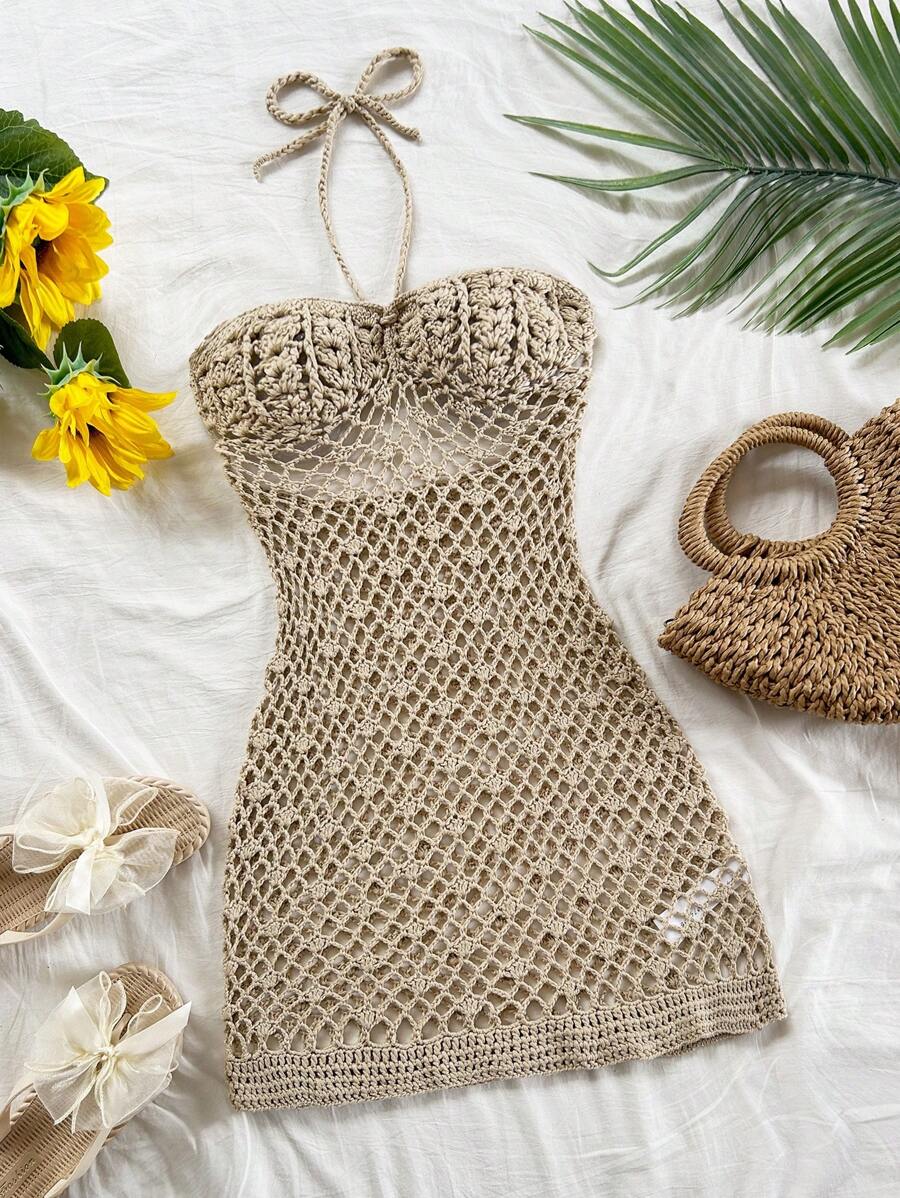 Soleia 全新设计沙滩装贝壳吊带镂空迷你针织连衣裙 - 卡其色 - 查看 1