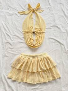 Soleia 波西米亚风、波西米亚风、浪漫花卉、度假、花卉女式 2 件套：挂脖镂空挂脖露背吊带背心 + 分层迷你黄色裙子，针织纹理面料，适合节日、约会、下午茶、度假、音乐节、波西米亚风格露肩圣诞节上衣，适合学校返校服装女装返校女装秋装哥特女装俱乐部服装女装性感万圣节服装俱乐部连衣裙外出服装音乐会服装乡村音乐会服装、派对 - 黃色 - 查看 2