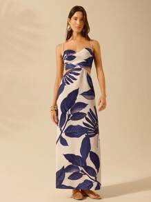 CAJUNI Rochie de damă, de epocă, de vacanță, ocazională, boho, frunze albastre, imprimeu cu plante, fără mâneci, talie goală, cu fantă în spate, rochie lungă cu bretele spaghetti - Multicolor - Vizualizare 3