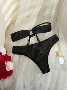 SpicyHot 2pcs Women Sexy Lace Heart Decor Camisole And Panty Set - Black - View 3