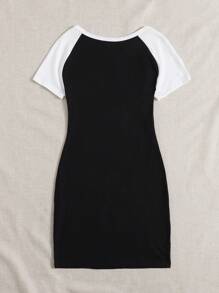 SHEIN EZwear 大码夏季撞色插肩袖紧身连衣裙 - 酒紅色 - 查看 2