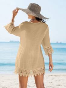Swim Vcay Women's Solid Color Lace Patchwork Kimono Cover Up For Vacation & Beach For Summer