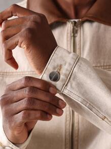 SUMWON 牛仔卡车司机夹克，灯芯绒领，休闲工作服，毛边下摆，拉链前襟，经典款式，秋冬外套，街头时尚 - 卡其色 - 查看 6