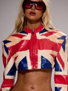 MUSERA Pu Leather High Neck Union Jack Cropped Jacket Spring, Summer, Holiday, Festival, Rave, Grunge, Cool Girl, Y2K Fall Streetwear