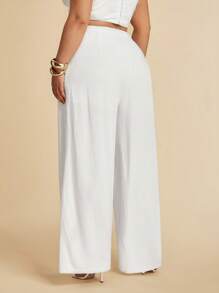 SHEIN BAE Plus Size Women Spring And Summer White Linen Asymmetric Long Wide-Leg Pants, Mid-Waist/High-Waist Pants, Commuting, Going Out, Daily Leisure,Fourth Of July Women,4th Of July,4th Of July Curve, Vacation,Vacay,Club Sexy,Birthday,Airport For Women,Graduation - White - View 6