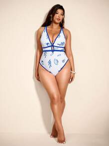 Elaquor Plus Size Women's Seashell Print Plunging Sexy One-Piece Swimsuit - Multicolor - View 4