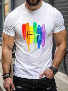 Manfinity Homme Men's Pride Month Pattern Round Neck Short Sleeve T-Shirt, Summer, Love Wins Shirt, Lgbtq Shirt, Gay Pride Shirt