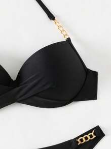 Swim SXY Women Beach Vacation Halter Backless Swimsuit Black Bikini Set, With Boning For Summer - Black - View 5