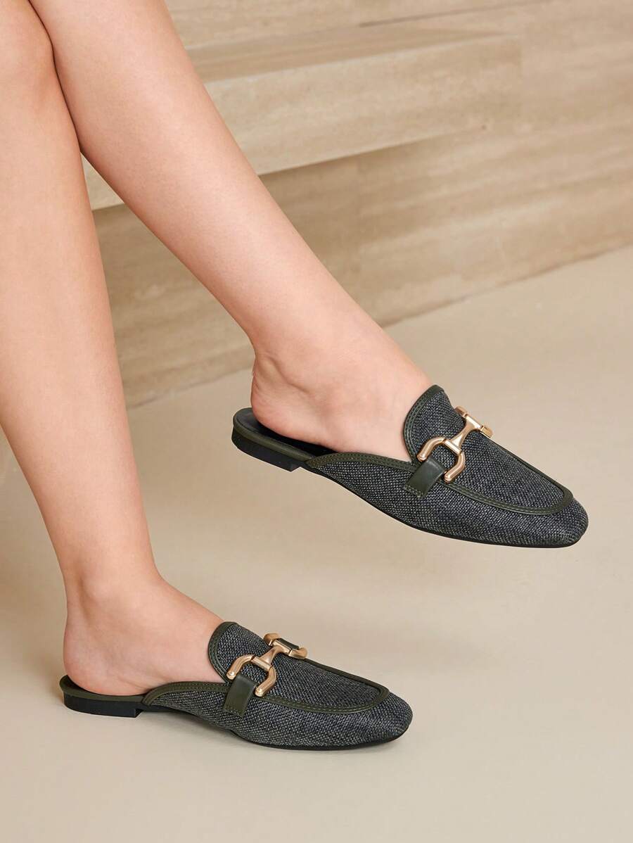 MOTF PREMIUM PU皮革露跟平底鞋 - 墨綠色 - 查看 2